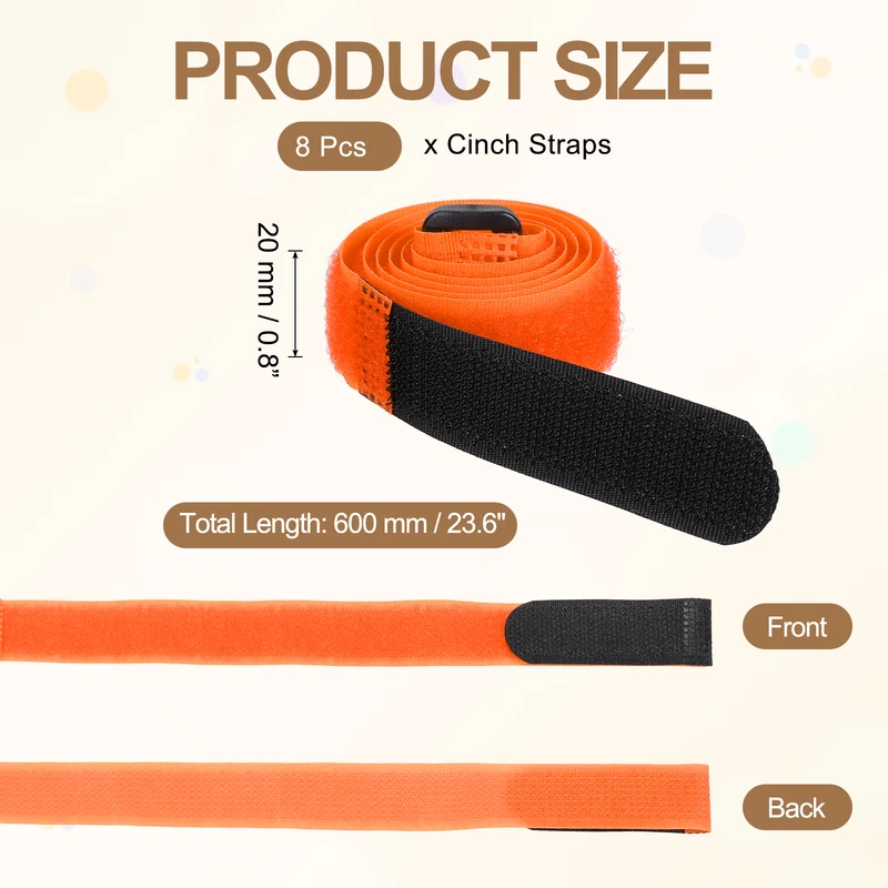 8Pcs 0.8"x23.6" Reusable Cinch Strap Hook and Loop Cable Securing Strap Orange
