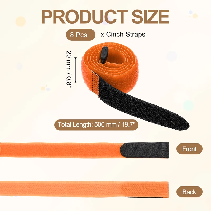 8Pcs 0.8"x19.7" Reusable Cinch Strap Hook and Loop Cable Securing Strap Orange