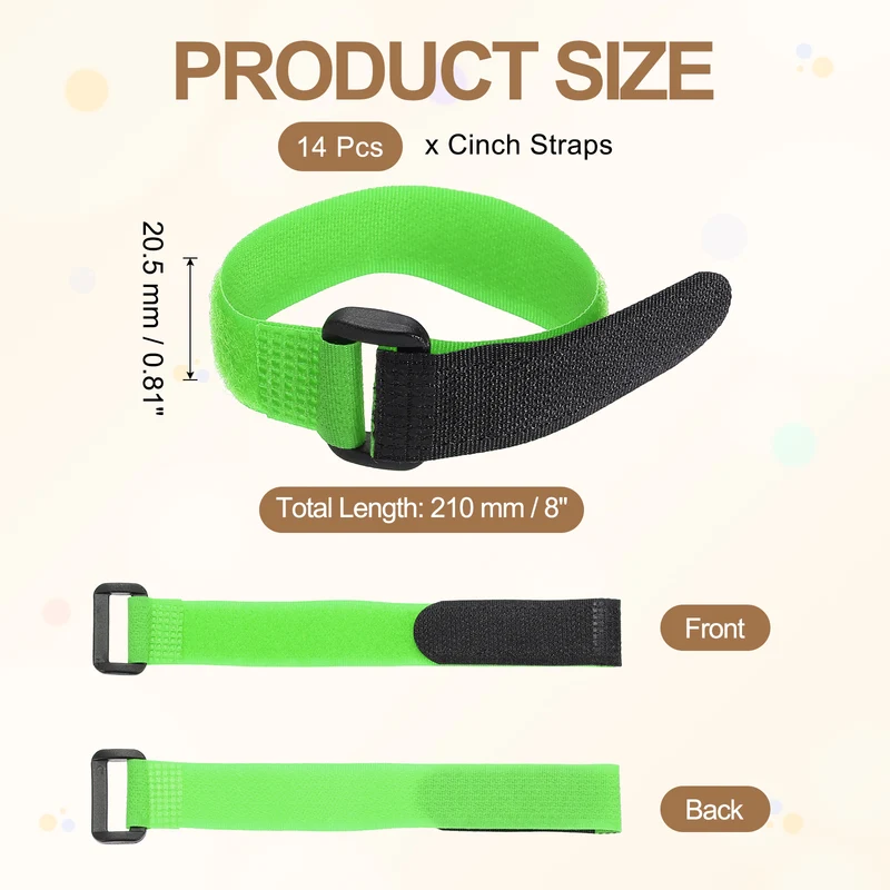 14pcs Reusable Cinch Strap 1.1"x8.3" Hook and Loop Cable Securing Strap Green