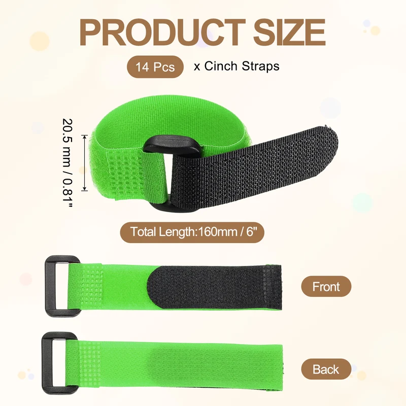 14pcs Reusable Cinch Strap 1.1"x6.3" Hook and Loop Cable Securing Strap Green