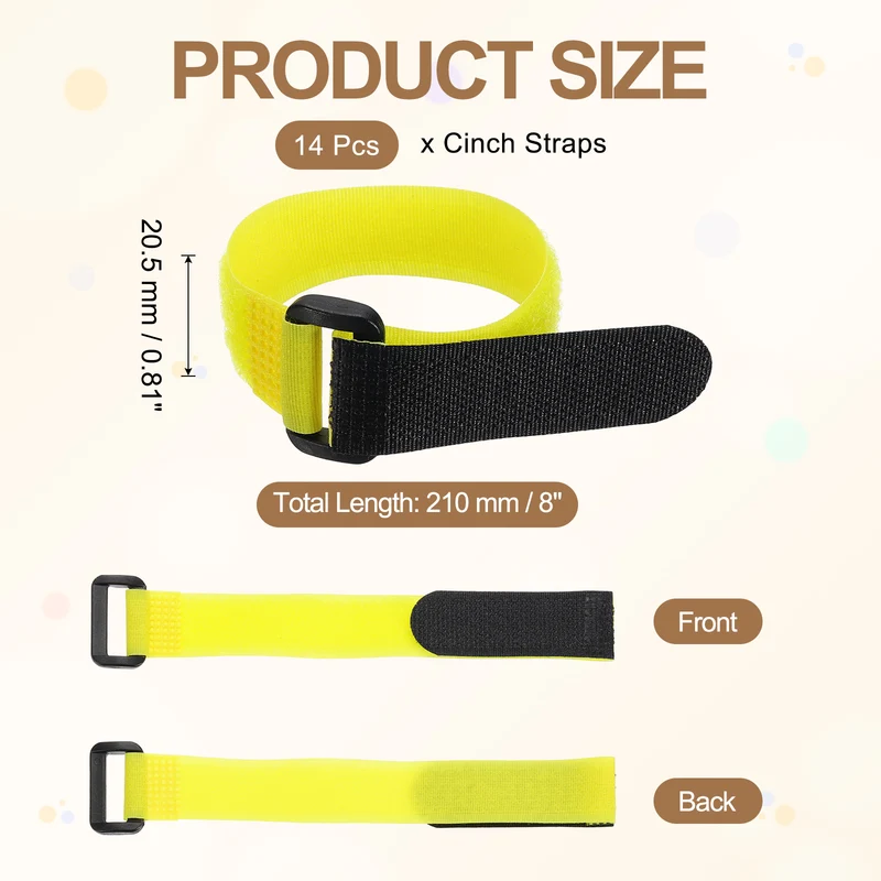 14pcs Reusable Cinch Strap 1.1"x8.3" Hook and Loop Cable Securing Strap Yellow