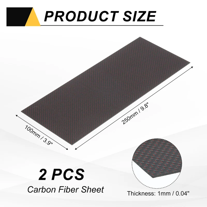 2 Pcs 3K Carbon Fiber Sheet 250x100x1mm Board with Red Metallic Threads