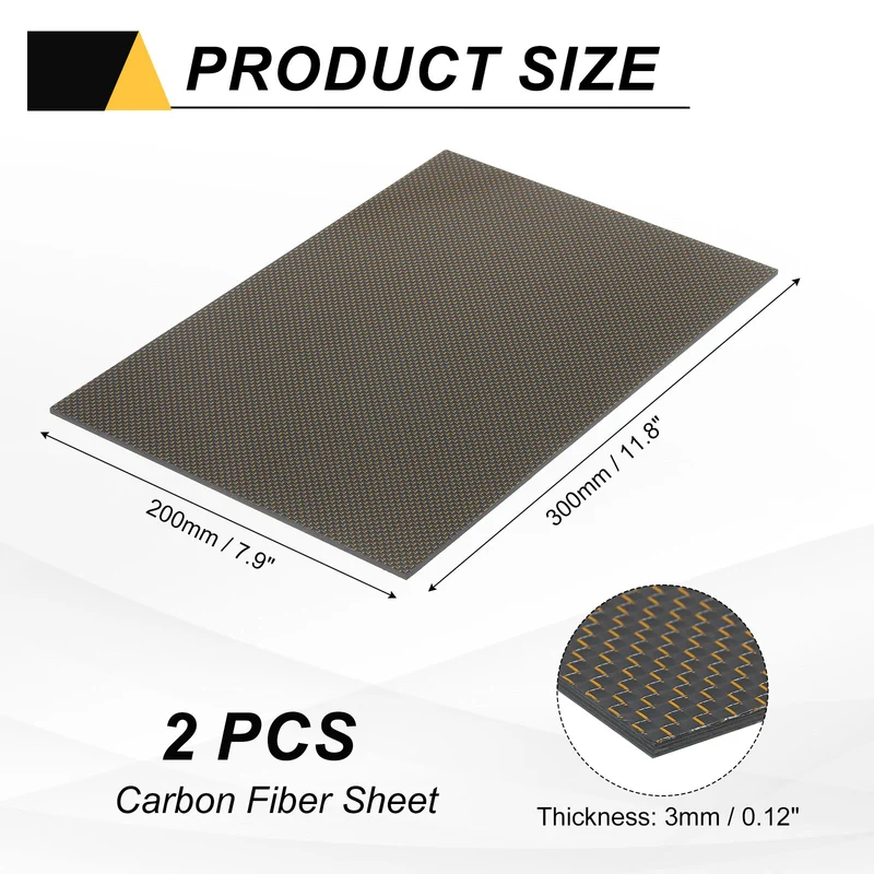 2 Pcs 3K Carbon Fiber Sheet 300x200x3mm Board with Gold Metallic Threads