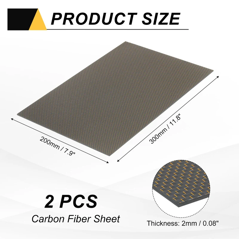 2 Pcs 3K Carbon Fiber Sheet 300x200x2mm Board with Gold Metallic Threads