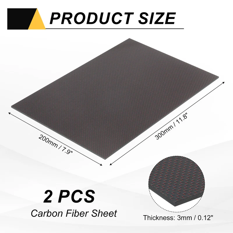 2 Pcs 3K Carbon Fiber Sheet 300x200x3mm Board with Red Metallic Threads