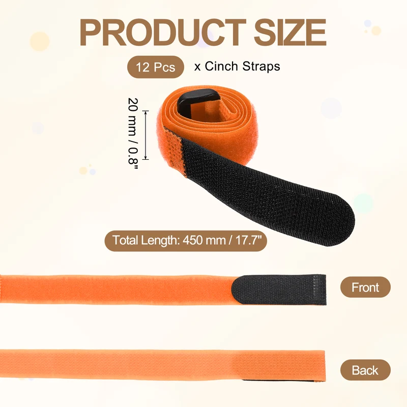 12Pcs 0.8"x17.7" Reusable Cinch Strap Hook and Loop Cable Securing Strap Orange