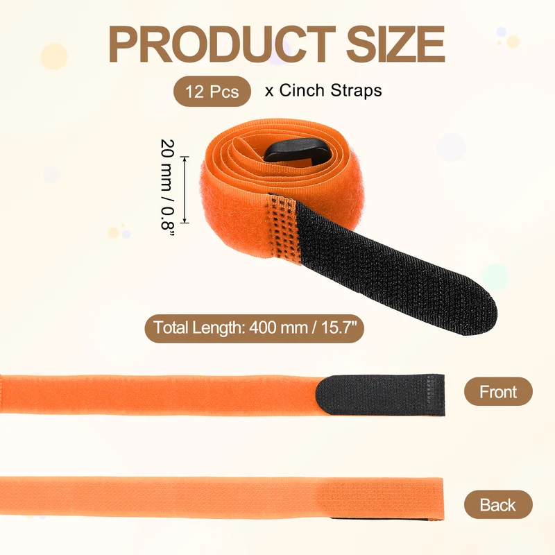 12Pcs 0.8"x15.7" Reusable Cinch Strap Hook and Loop Cable Securing Strap Orange