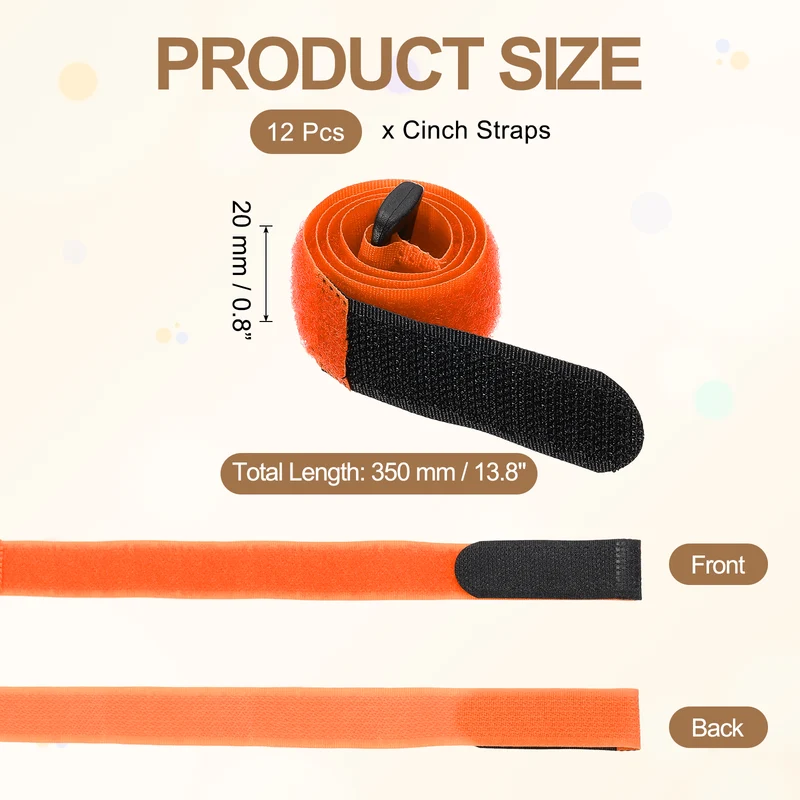 12Pcs 0.8"x13.8" Reusable Cinch Strap Hook and Loop Cable Securing Strap Orange