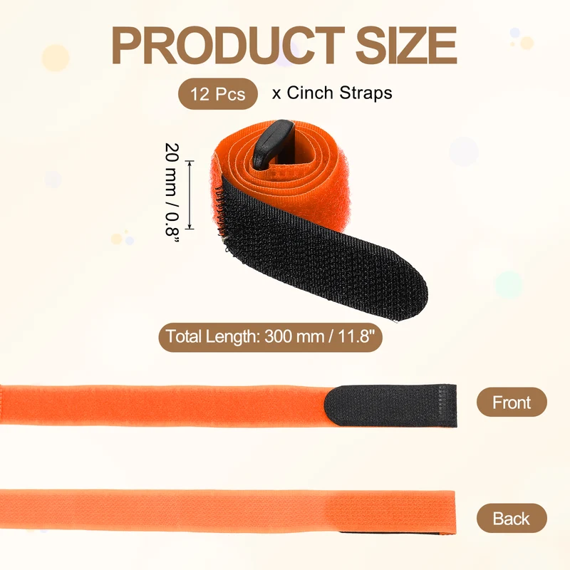 12Pcs 0.8"x11.8" Reusable Cinch Strap Hook and Loop Cable Securing Strap Orange