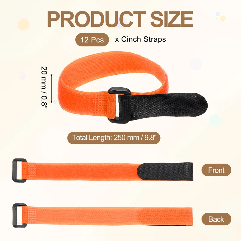12Pcs 0.8"x9.8" Reusable Cinch Strap Hook and Loop Cable Securing Strap Orange