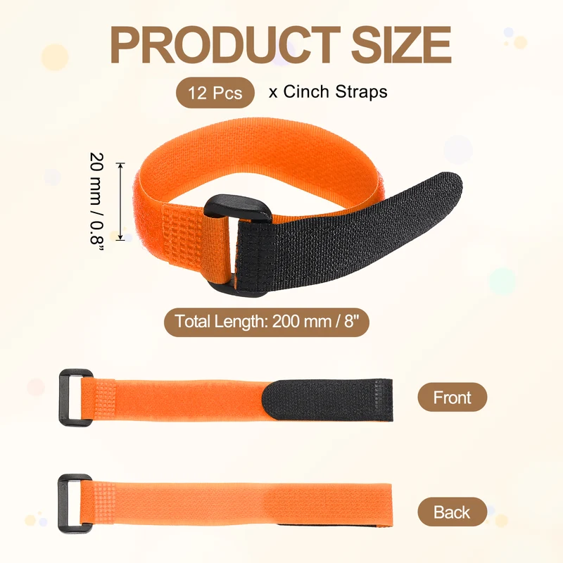 12Pcs 0.8"x8" Reusable Cinch Strap Hook and Loop Cable Securing Strap Orange