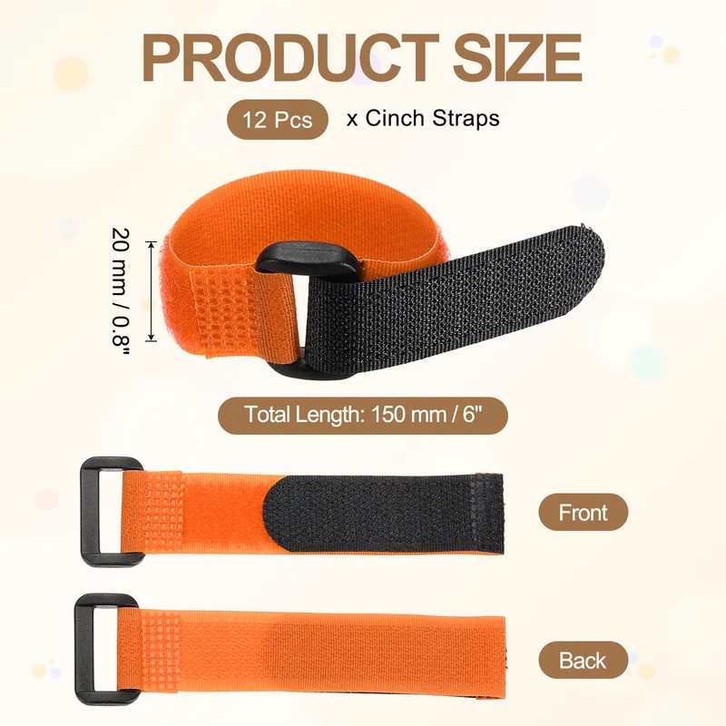 12Pcs 0.8"x6" Reusable Cinch Strap Hook and Loop Cable Securing Strap Orange