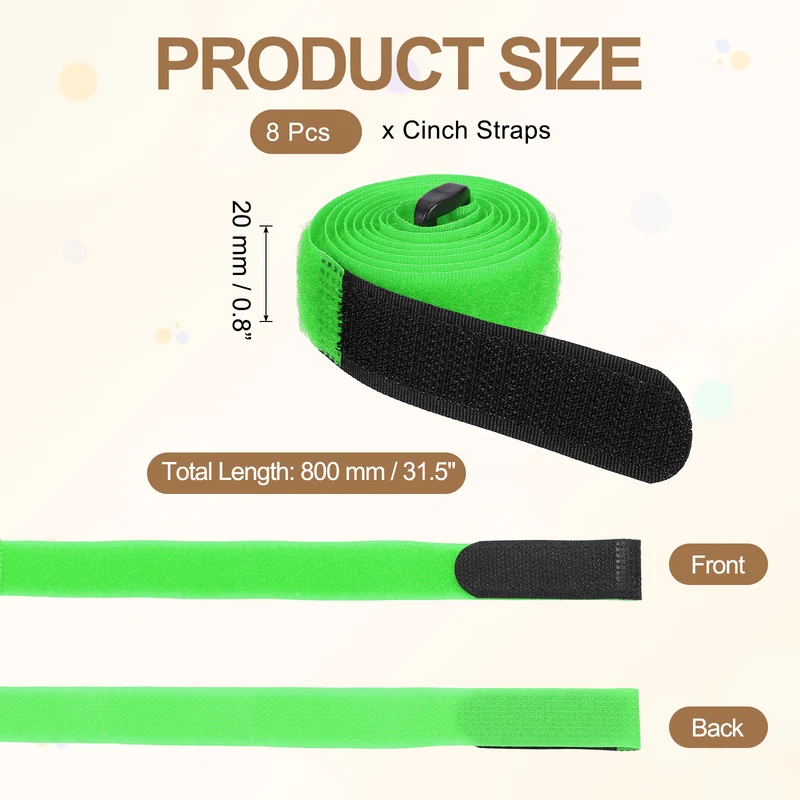 8Pcs 0.8"x35.4" Reusable Cinch Strap Hook and Loop Cable Securing Strap Green