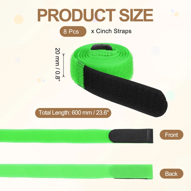 8Pcs 0.8"x31.5" Reusable Cinch Strap Hook and Loop Cable Securing Strap Green