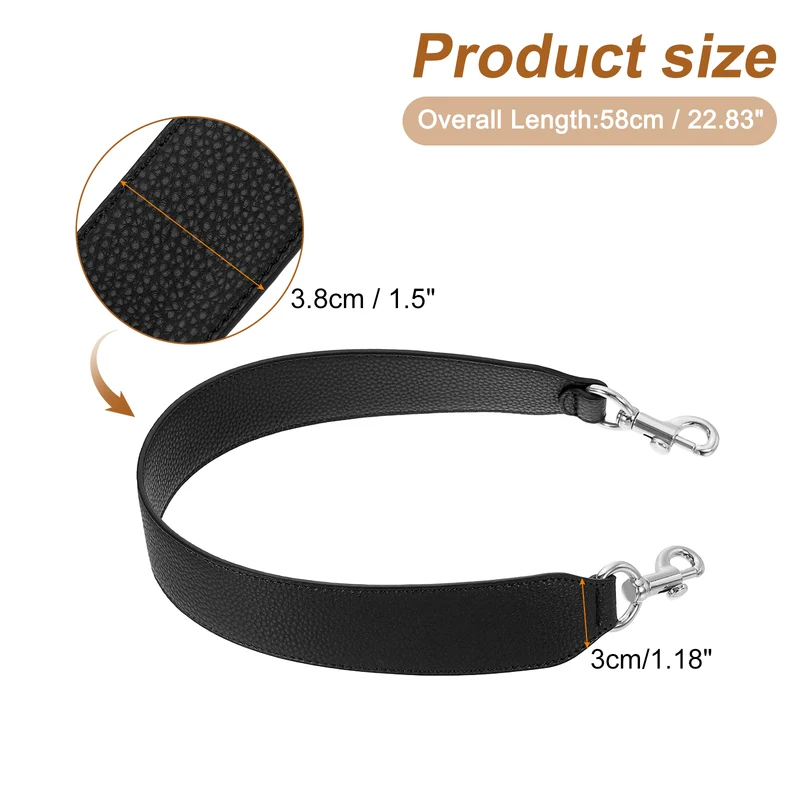 22.83" PU Leather Short Bag Strap with Clasp, Black, Silver Buckle