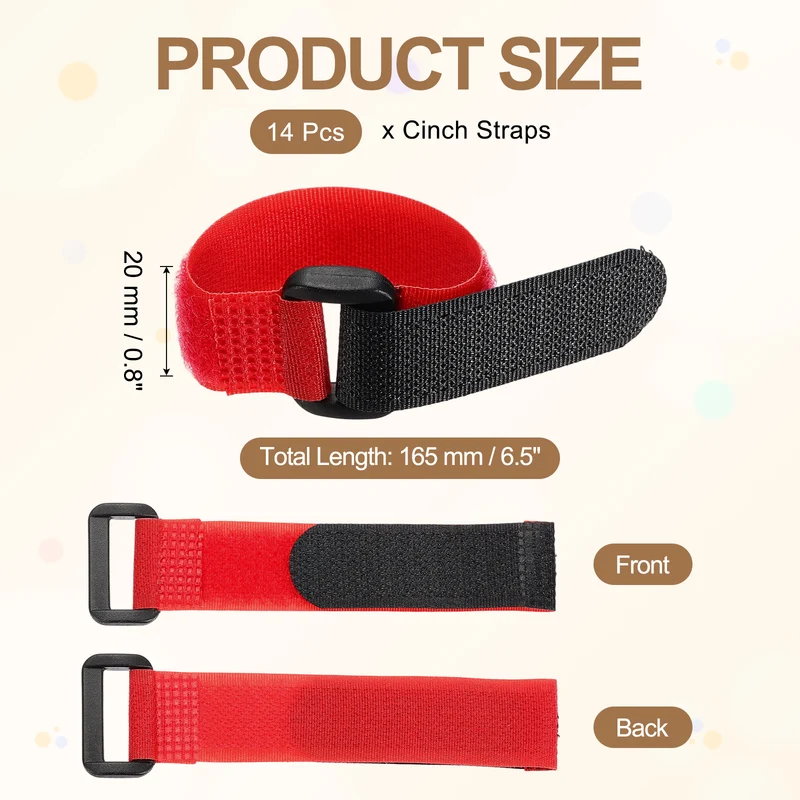 14pcs Reusable Cinch Strap 1.1"x6.5" Hook and Loop Cable Securing Strap Red