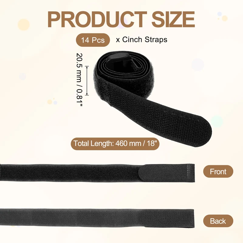14pcs Reusable Cinch Strap 1.1"x18" Hook and Loop Cable Securing Strap Black