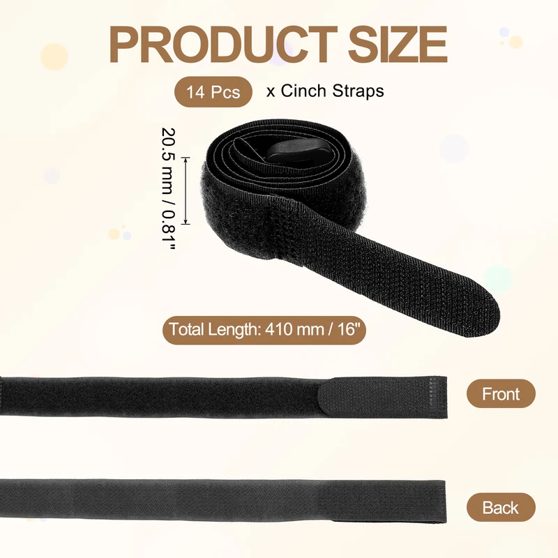 14pcs Reusable Cinch Strap 1.1"x16" Hook and Loop Cable Securing Strap Black