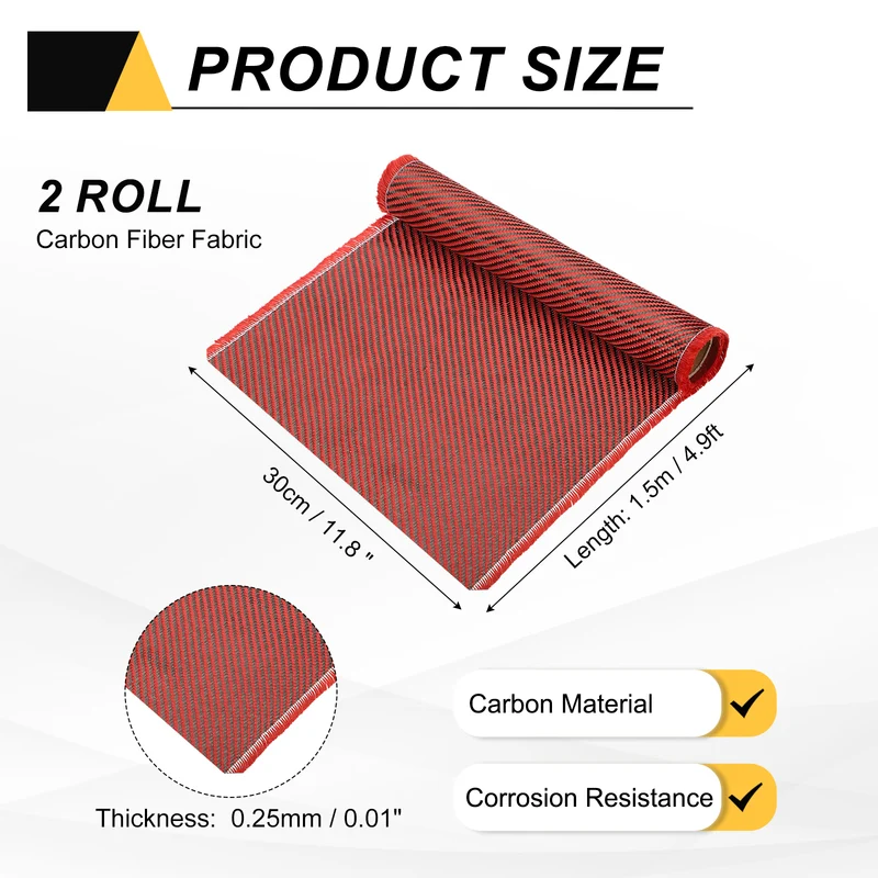 Carbon Fiber Fabric 4.9ft x 11.8" Sheet 2x2 Twill Weave 3K 220g Black/Red 2pcs