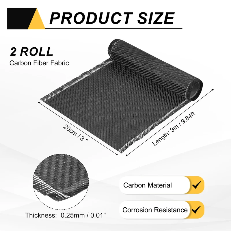 Carbon Fiber Fabric 9.84ft x 8" Sheet Roll 2x2 Twill Weave 3K 220g Black 2pcs