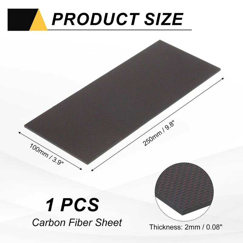 1 Pcs 3K Carbon Fiber Sheet 250x100x3mm Board with Red Metallic Threads