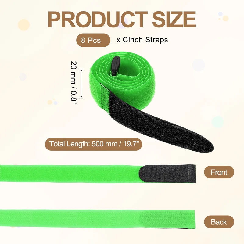 8Pcs 0.8"x19.7" Reusable Cinch Strap Hook and Loop Cable Securing Strap Green