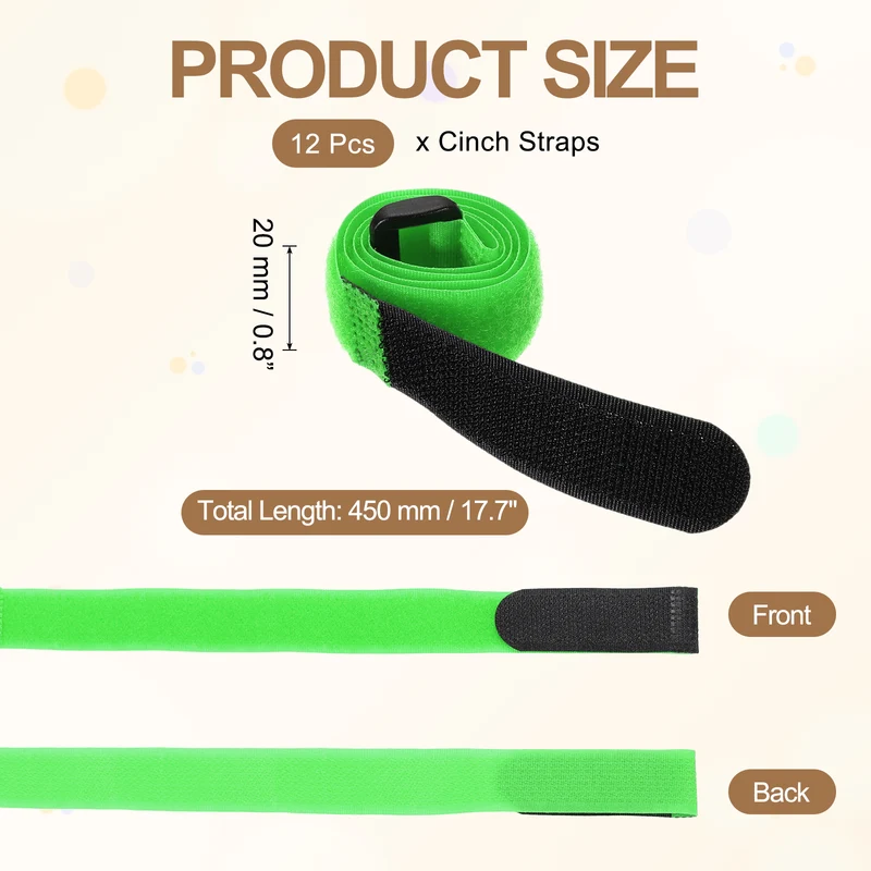 12Pcs 0.8"x17.7" Reusable Cinch Strap Hook and Loop Cable Securing Strap Green