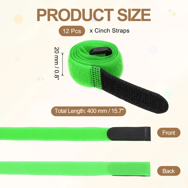 12Pcs 0.8"x15.7" Reusable Cinch Strap Hook and Loop Cable Securing Strap Green