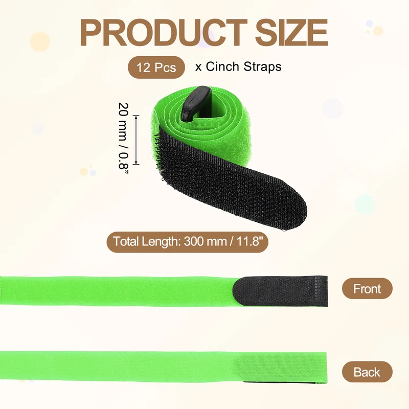 12Pcs 0.8"x11.8" Reusable Cinch Strap Hook and Loop Cable Securing Strap Green
