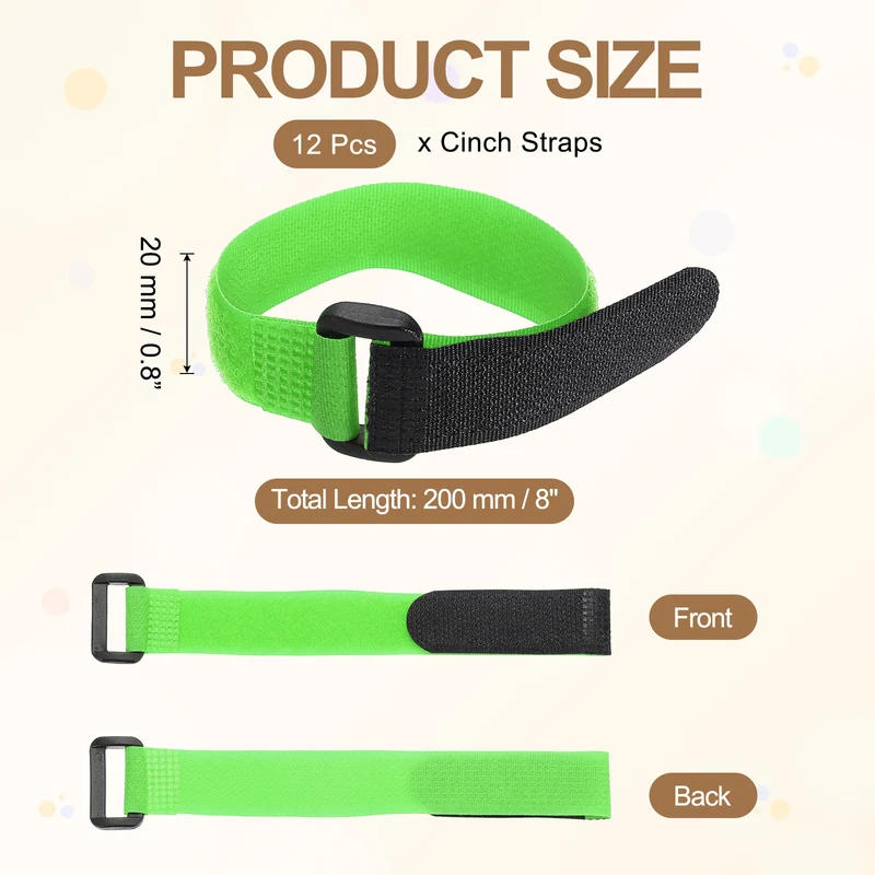 12Pcs 0.8"x8" Reusable Cinch Strap Hook and Loop Cable Securing Strap Green