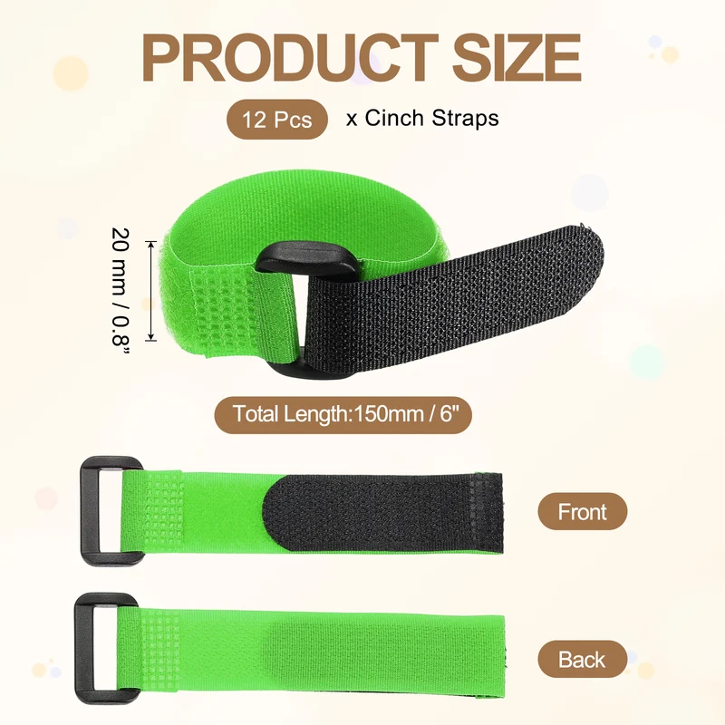12Pcs 0.8"x6" Reusable Cinch Strap Hook and Loop Cable Securing Strap Green