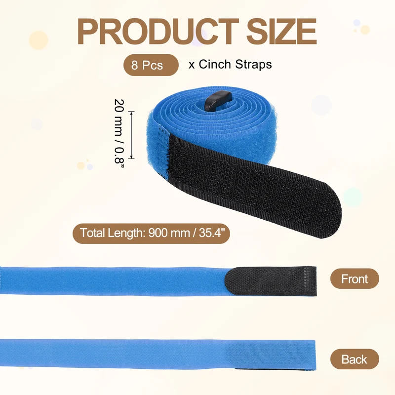 8Pcs 0.8"x35.4" Reusable Cinch Strap Hook and Loop Cable Securing Strap Blue