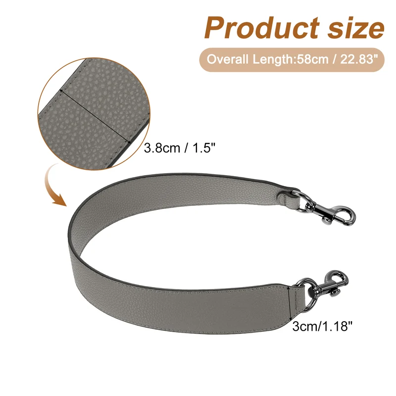 22.83" PU Leather Short Bag Strap with Clasp, Grey, Metallic Black Buckle