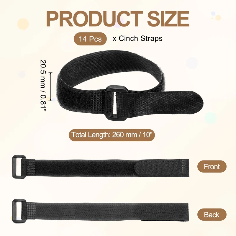 14pcs Reusable Cinch Strap 1.1"x10" Hook and Loop Cable Securing Strap Black