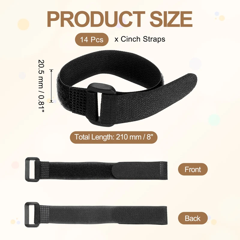 14pcs Reusable Cinch Strap 1.1"x8.3" Hook and Loop Cable Securing Strap Black