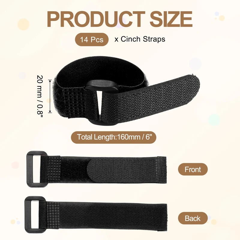 14pcs Reusable Cinch Strap 1.1"x6.3" Hook and Loop Cable Securing Strap Black