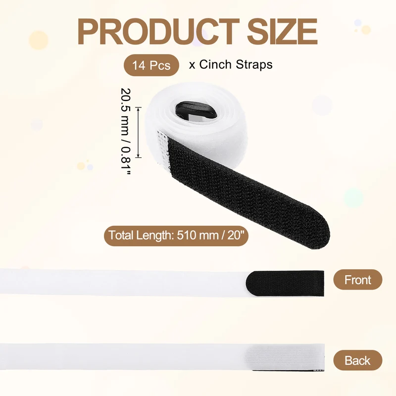 14pcs Reusable Cinch Strap 1.1"x20" Hook and Loop Cable Securing Strap White