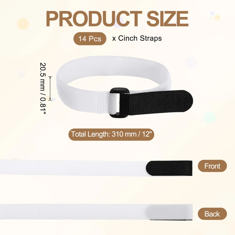14pcs Reusable Cinch Strap 1.1"x12" Hook and Loop Cable Securing Strap White