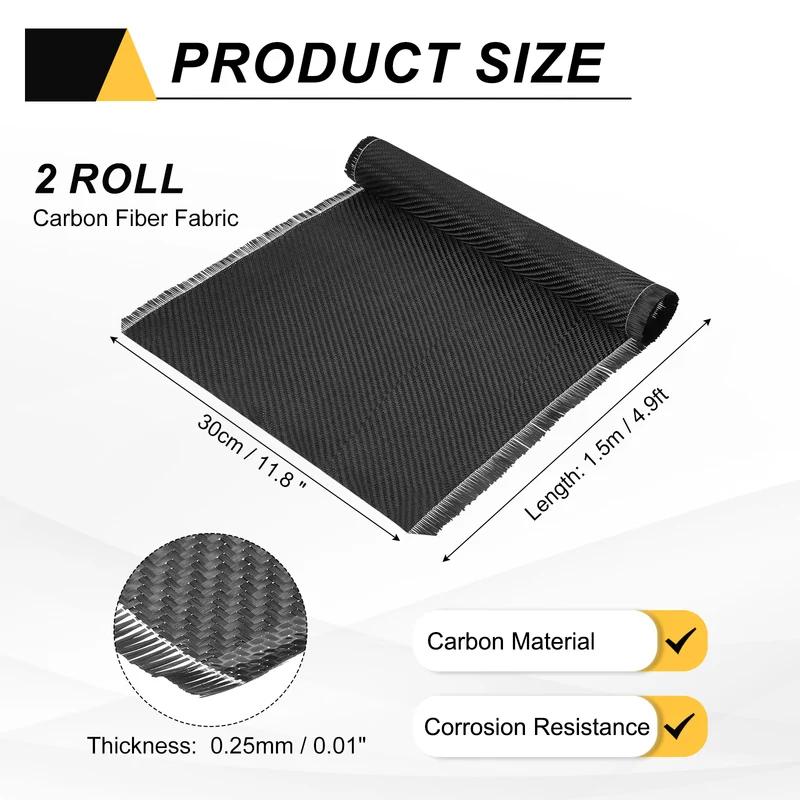 Carbon Fiber Fabric 4.9ft x 11.8" Sheet Roll 2x2 Twill Weave 3K 220g Black 2pcs