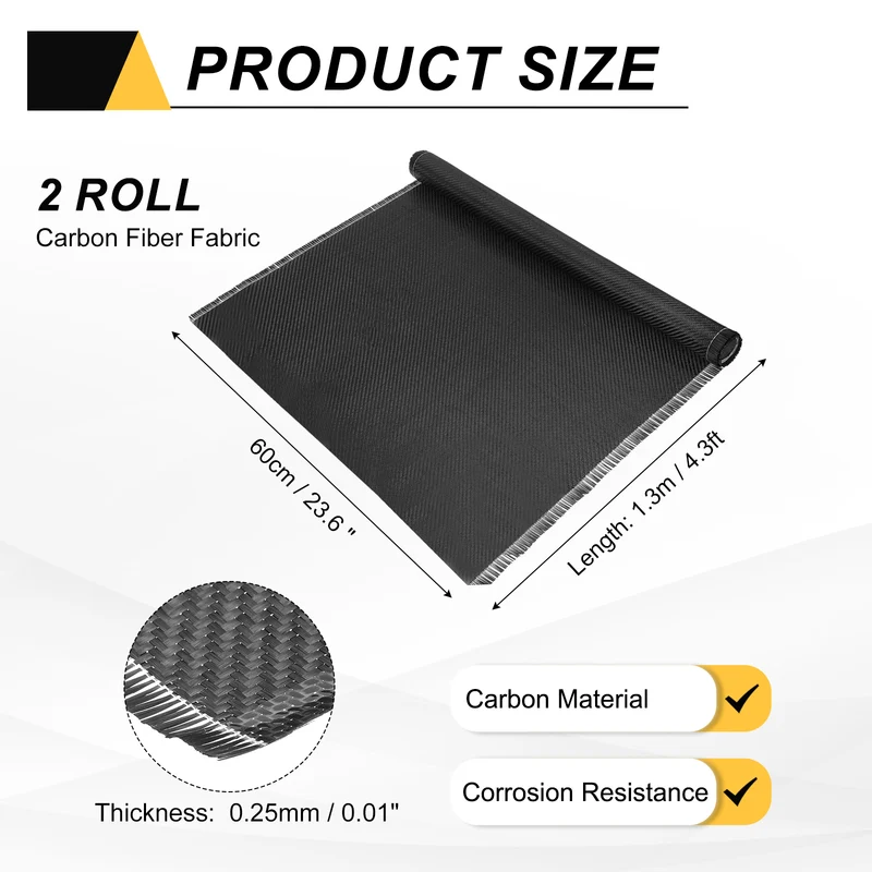 Carbon Fiber Fabric 4.3ft x 23.6" Sheet Roll 2x2 Twill Weave 3K 220g Black 2pcs