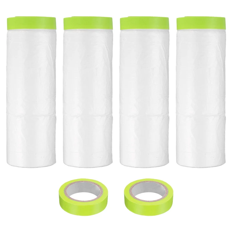 Pre-Taped Masking Film, 4.9ft x 66ft with 2 Extra Painter Tape Green 4Pcs