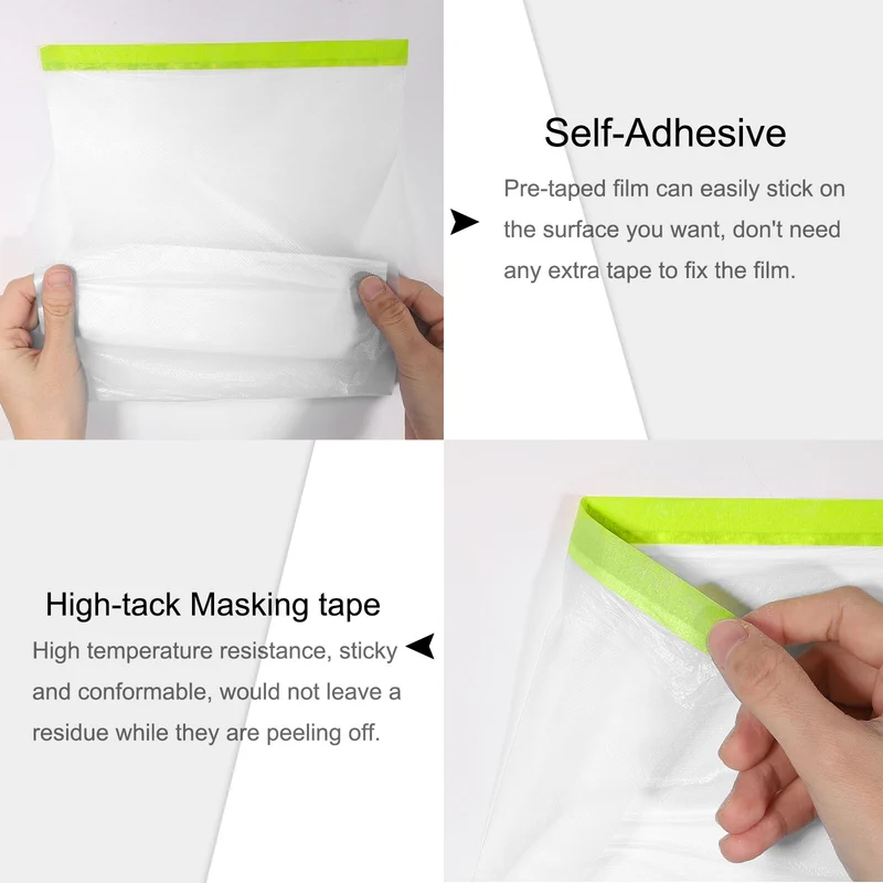 Pre-Taped Masking Film, 4.9ft x 66ft with 2 Extra Painter Tape Green 4Pcs