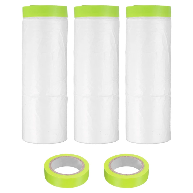 Pre-Taped Masking Film, 4.9ft x 66ft with 2 Extra Painter Tape Green 3Pcs