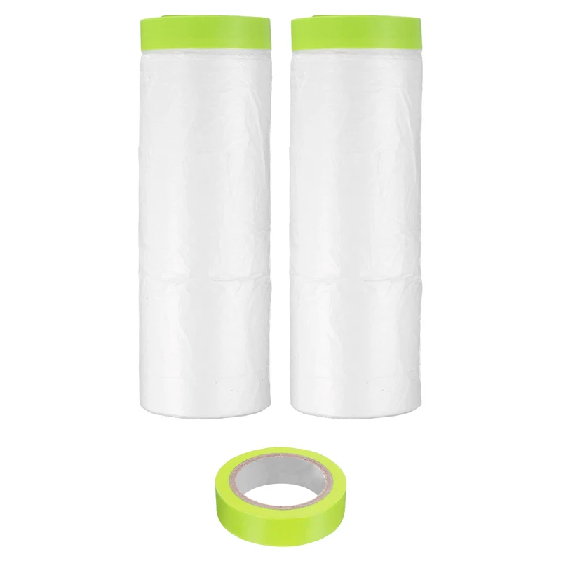 Pre-Taped Masking Film, 4.9ft x 66ft with 1 Extra Painter Tape Green 2Pcs