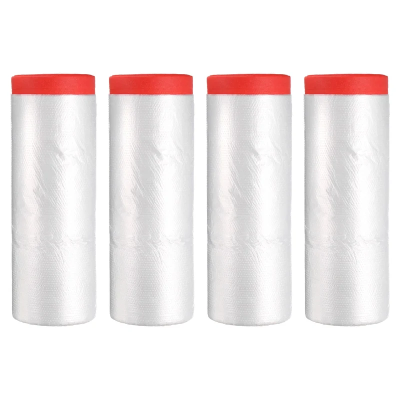 Pre-Taped Masking Film, 7.9ft x 66ft High-Tack Painters Tape Red 4Pcs