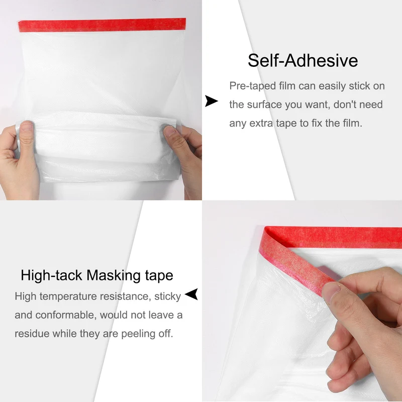 Pre-Taped Masking Film, 7.9ft x 66ft High-Tack Painters Tape Red 4Pcs