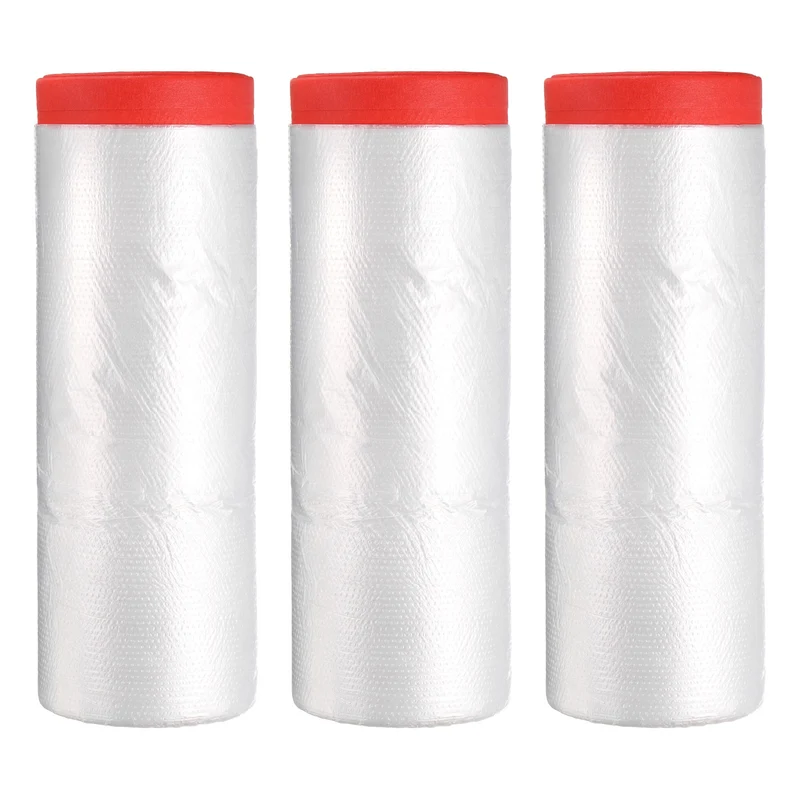 Pre-Taped Masking Film, 7.9ft x 66ft High-Tack Painters Tape Red 3Pcs