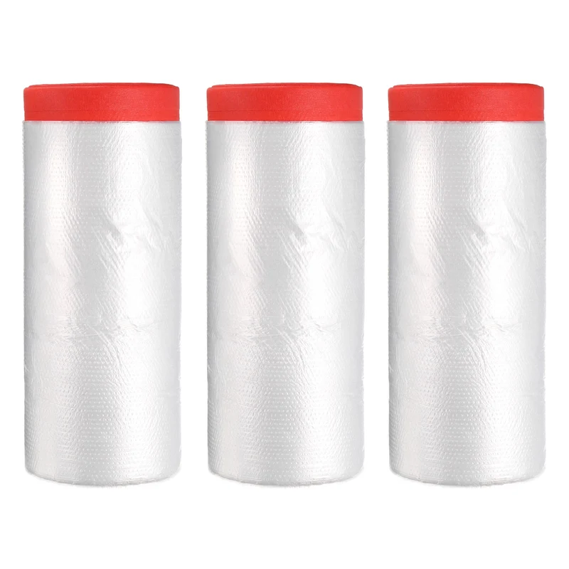Pre-Taped Masking Film, 3.6ft x 66ft High-Tack Painters Tape Red 3Pcs