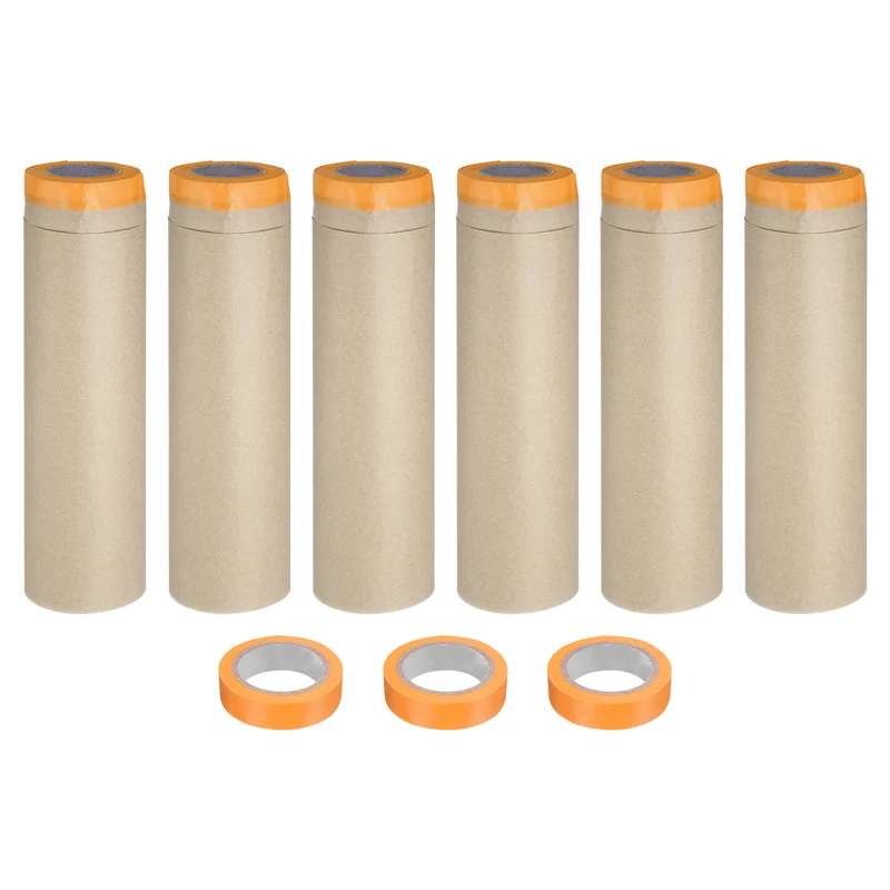6Rolls Pre-Taped Masking Film, 17.7ft x 49ft with 3 Extra Painters Tape, Orange