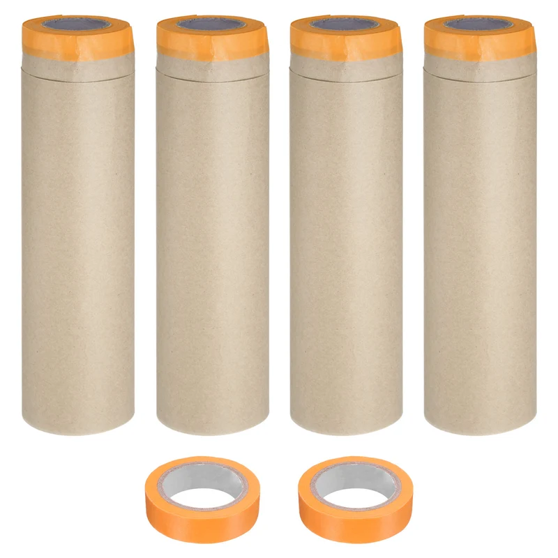 4Rolls Pre-Taped Masking Film, 17.7ft x 49ft with 2 Extra Painters Tape, Orange